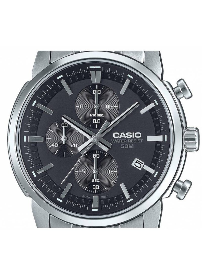 CASIO Enticer Analog Men’s Chronograph Watch MTP‑E510D‑1A1VDF, 47.5 mm Black Dial with Sub‑Dials, Silver Stainless Steel Bracelet, 50 m WR - Image 2